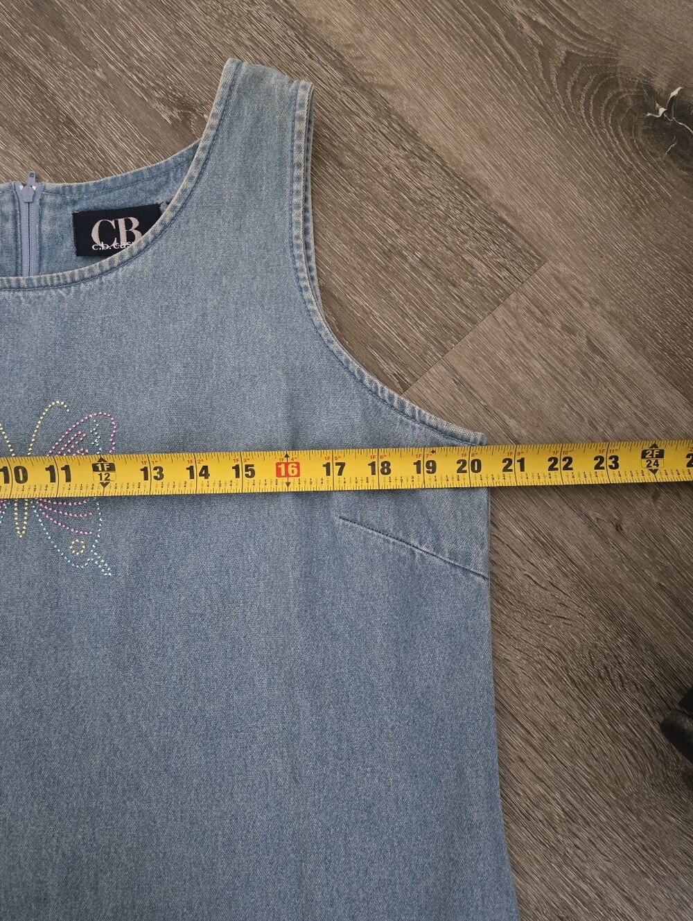 Vintage 90s Denim Mini Dress Butterfly Rhinestone Size Large - Picture 10 of 11